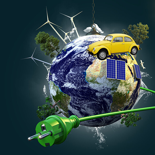 Eine Weltkugel mit Windrädern, Solarpanels, Bäumen einen KFZ und einem ausgehenden grünen Stecker