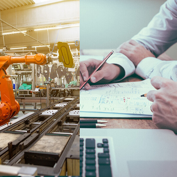 Eine Collage: Das linek Bild zeiget einen Produktionstraße mit Robotern, das rechte eine Beratungssituation.